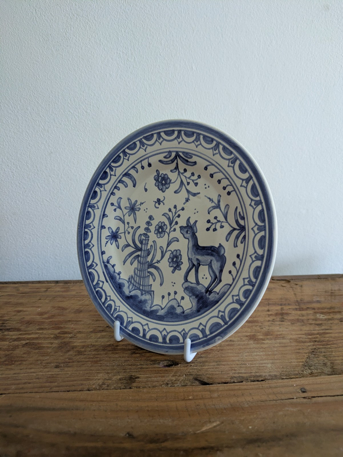Vintage hand painted Blue and White deer birds Plate Portugal Delft Style Flabal