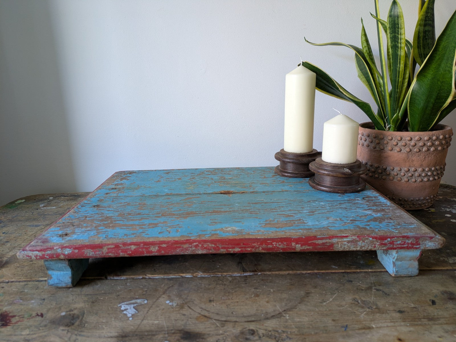 Antique Wooden Bajot Floor Sitting Stool Blue Old Hand Crafted Serving Board Vtg