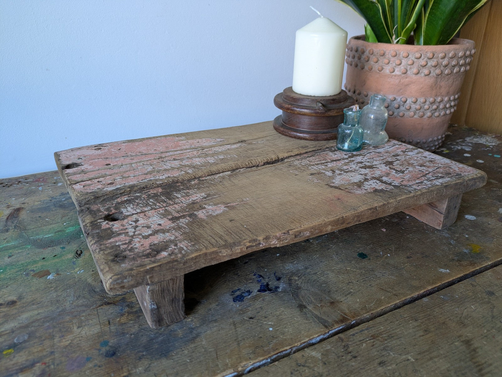 Antique Wooden Bajot Floor Sitting Stool Pink Old Hand Crafted Serving Board Vtg