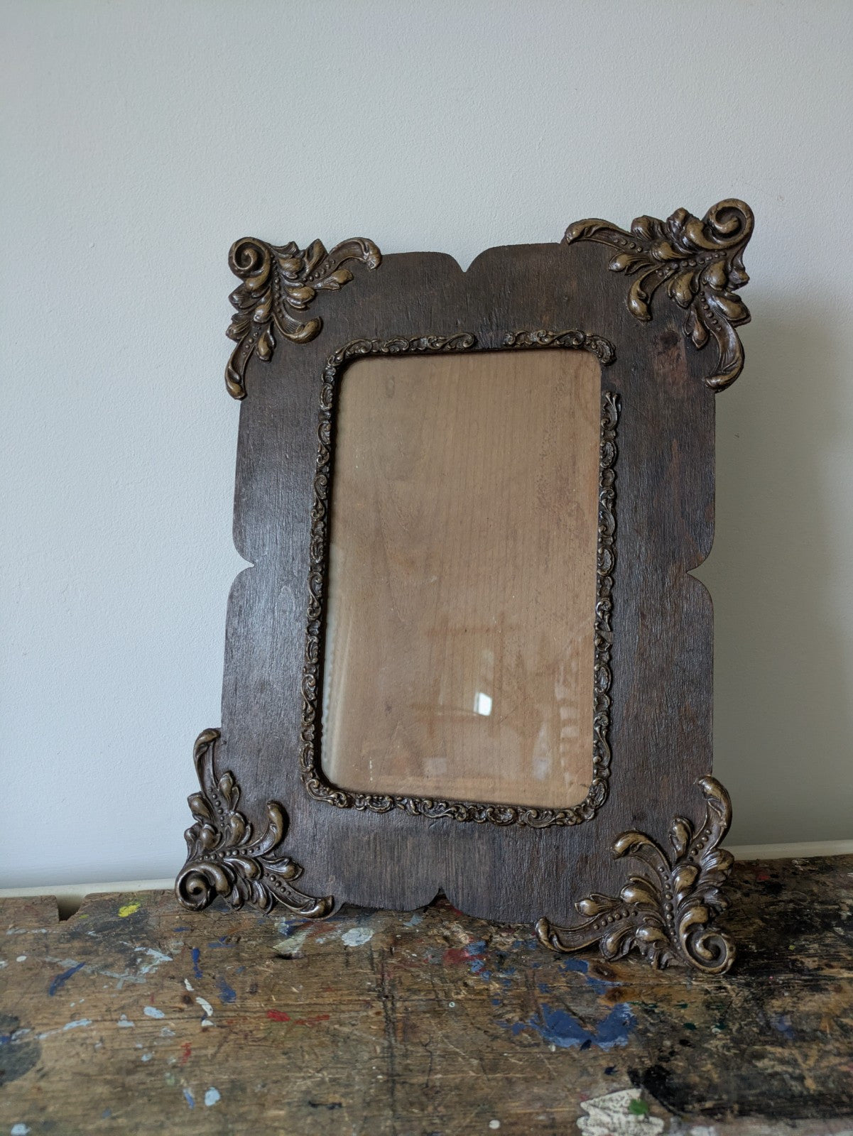 Victorian Picture Photo Frame Scroll Dark Wood Antique Prop Glass Original Rare