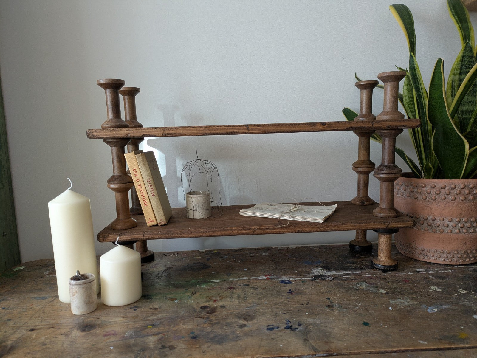 Antique Indian Reclaimed Vintage Folk Art Bobbin Spool Shelf Shelves Handmade