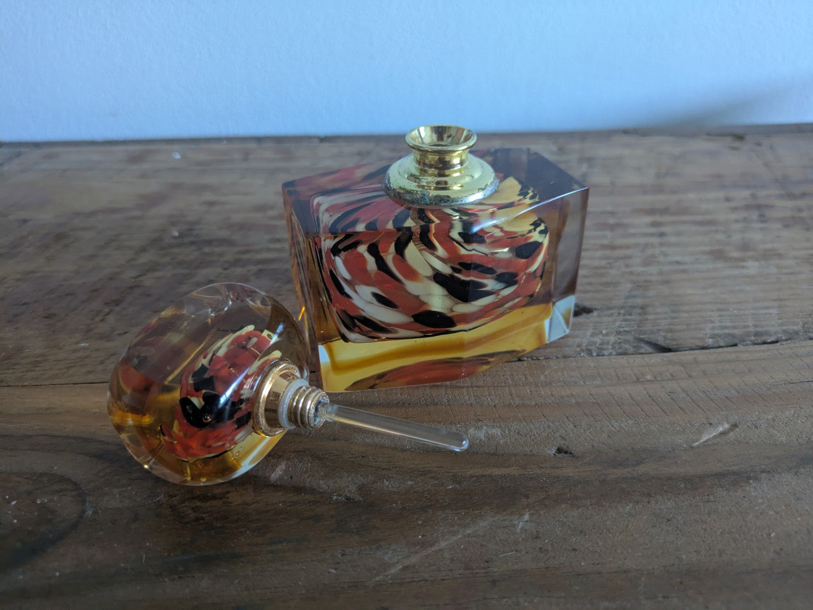 Vintage Retro Murano Glass Art Perfume Bottle Complete Orange Stopper Dauber Vgc