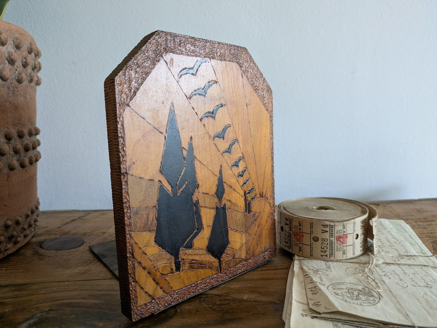Vtg Antique Bookend x1 Folk Art Carved Single Trees Birds Sun Countryside Deco