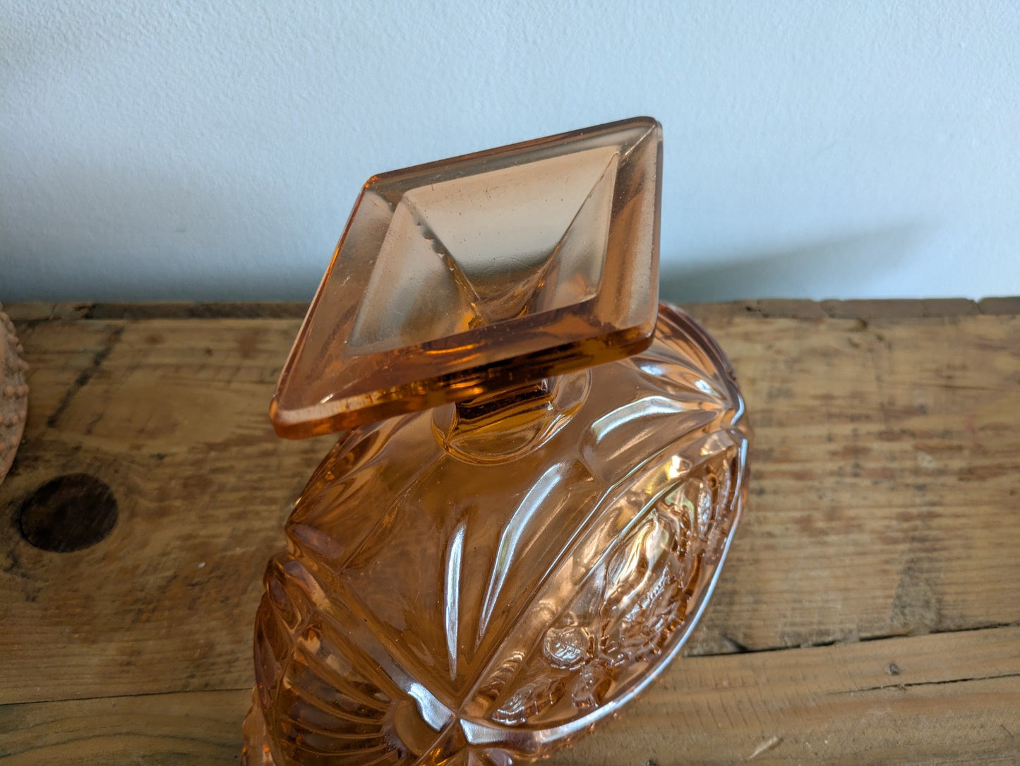 VTG Pink Peach Sawtooth Edge Glass Pedestal Compote Candy Dish Jardiniere Bowl