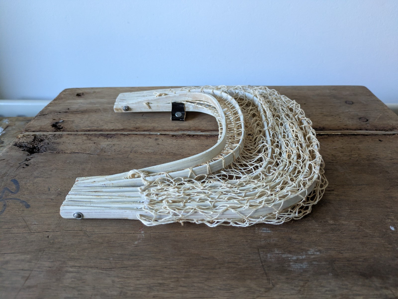 Vintage French Folding Bentwood Fishnet Basket Retro Handbag White 50s Rare Old