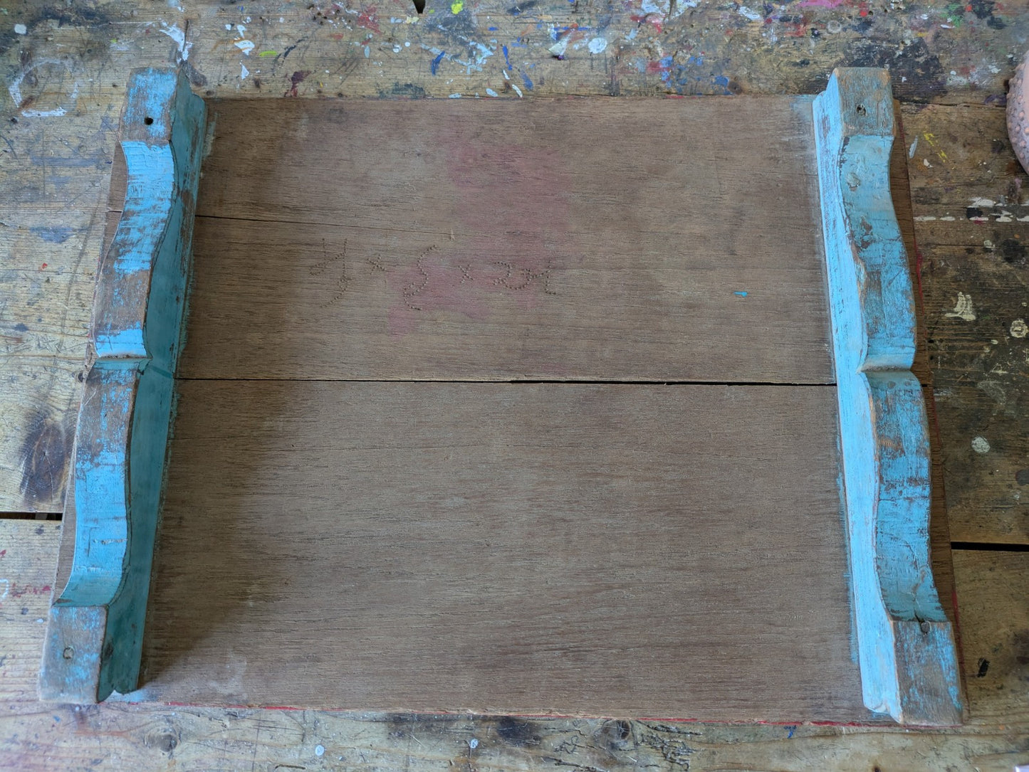 Antique Wooden Bajot Floor Sitting Stool Blue Old Hand Crafted Serving Board Vtg