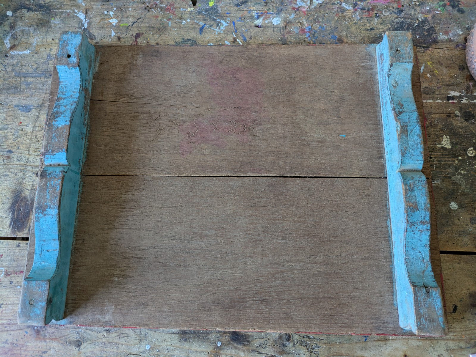 Antique Wooden Bajot Floor Sitting Stool Blue Old Hand Crafted Serving Board Vtg