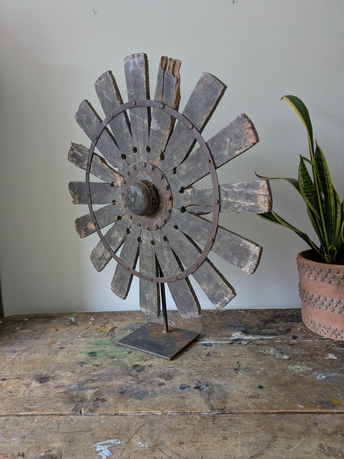 Vintage Rustic Antique Indian Silk Spinning Charkha Wheel Sculpture on Stand Vgc