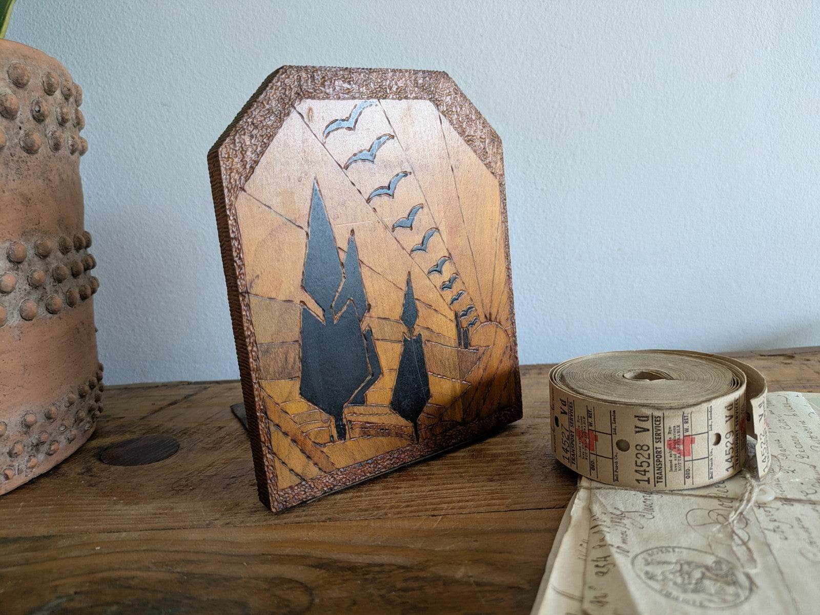Vtg Antique Bookend x1 Folk Art Carved Single Trees Birds Sun Countryside Deco