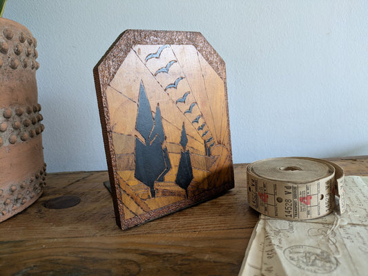 Vtg Antique Bookend x1 Folk Art Carved Single Trees Birds Sun Countryside Deco