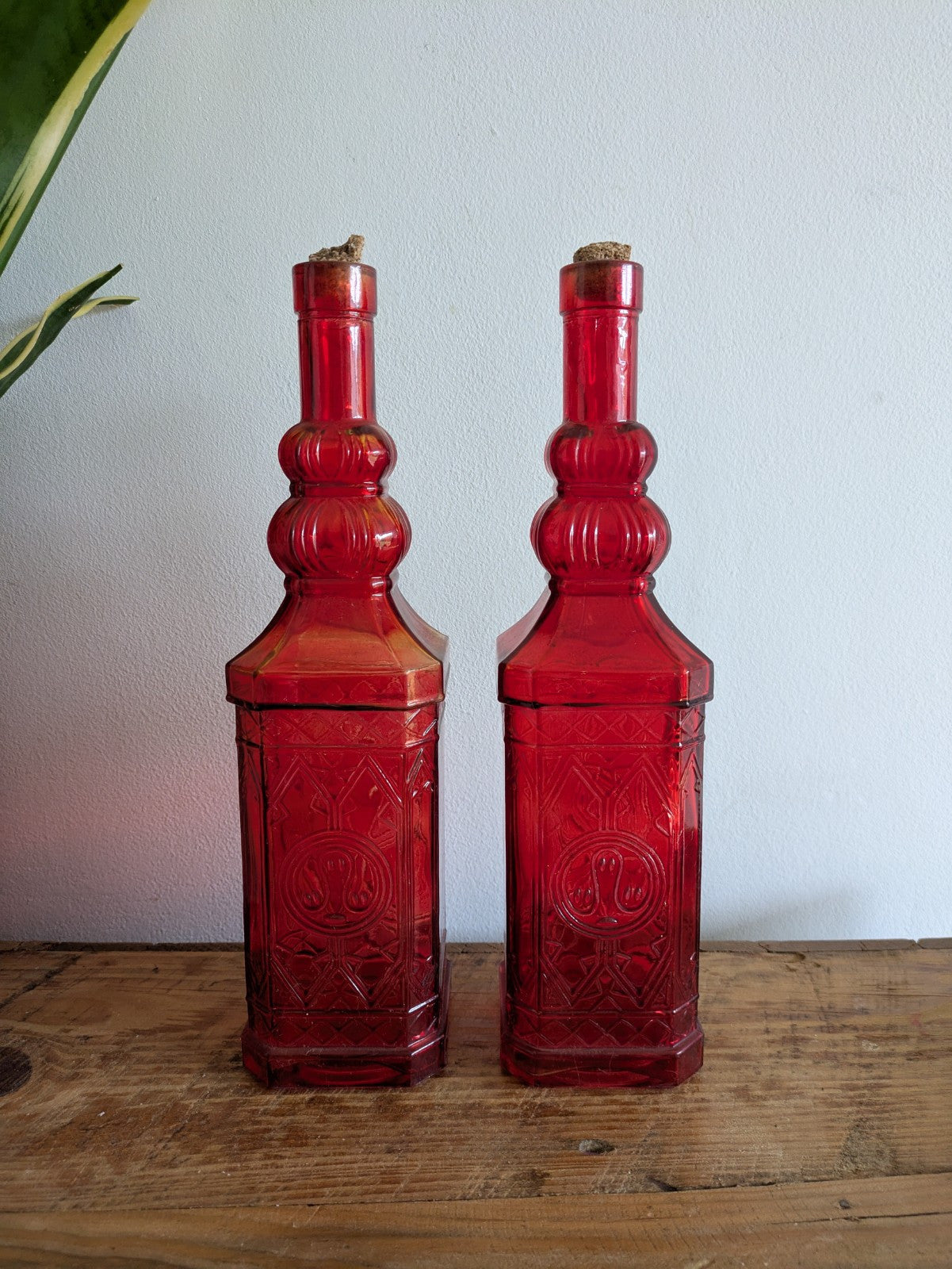 2x Ruby Red Embossed Glass Bottles 30cm Tall Pair Bar Mancave Boho Hippy VTG Old