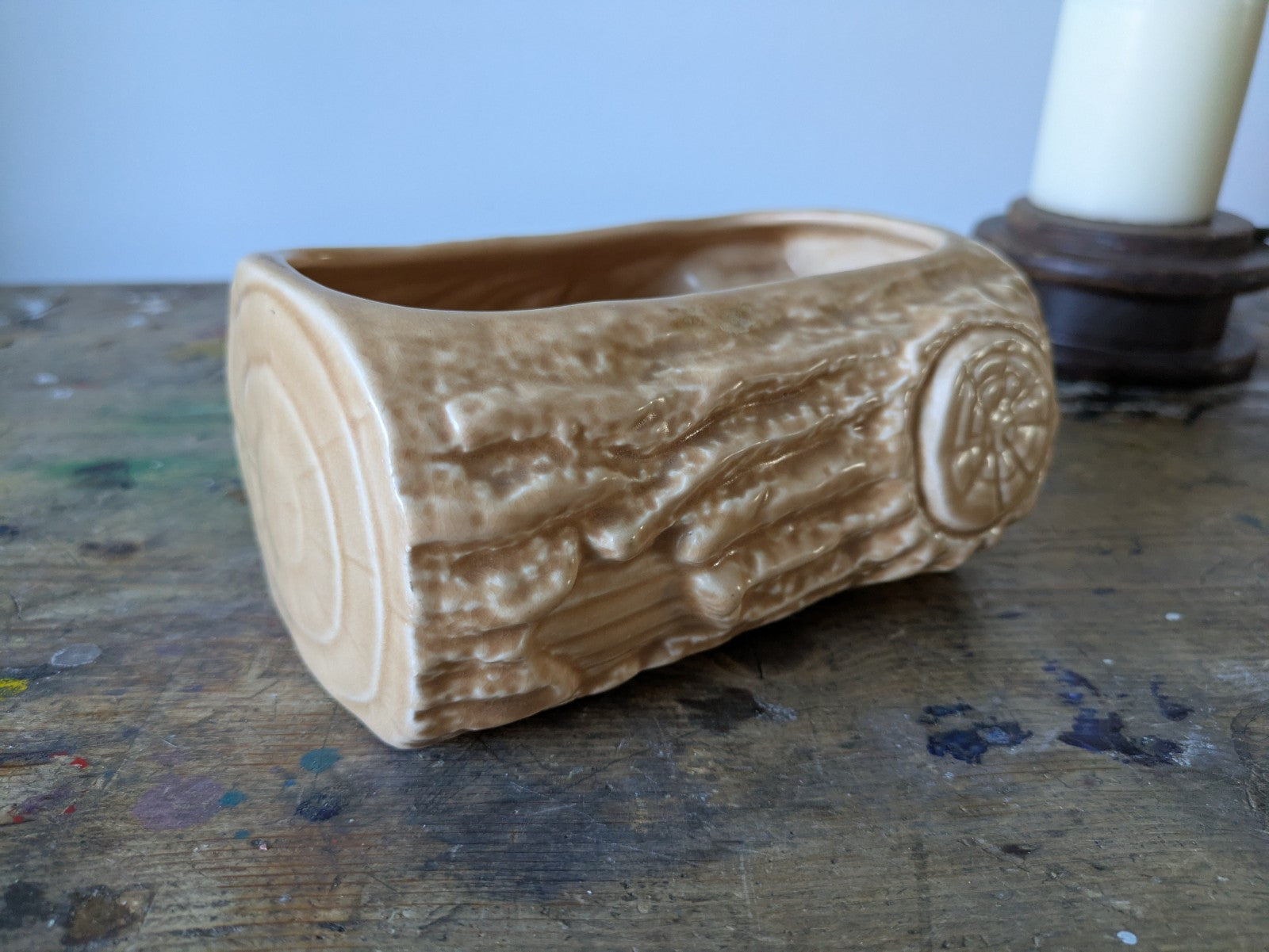 Sylvac Pottery Log Vase Beige Glaze 3280 Tree Stump Planter Plant Pot Vtg Retro