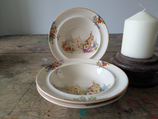 3 small dessert bowls Hampton Ivory cottage & flower design 1930s vintage Deco 