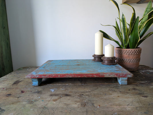 Antique Wooden Bajot Floor Sitting Stool Blue Old Hand Crafted Serving Board Vtg