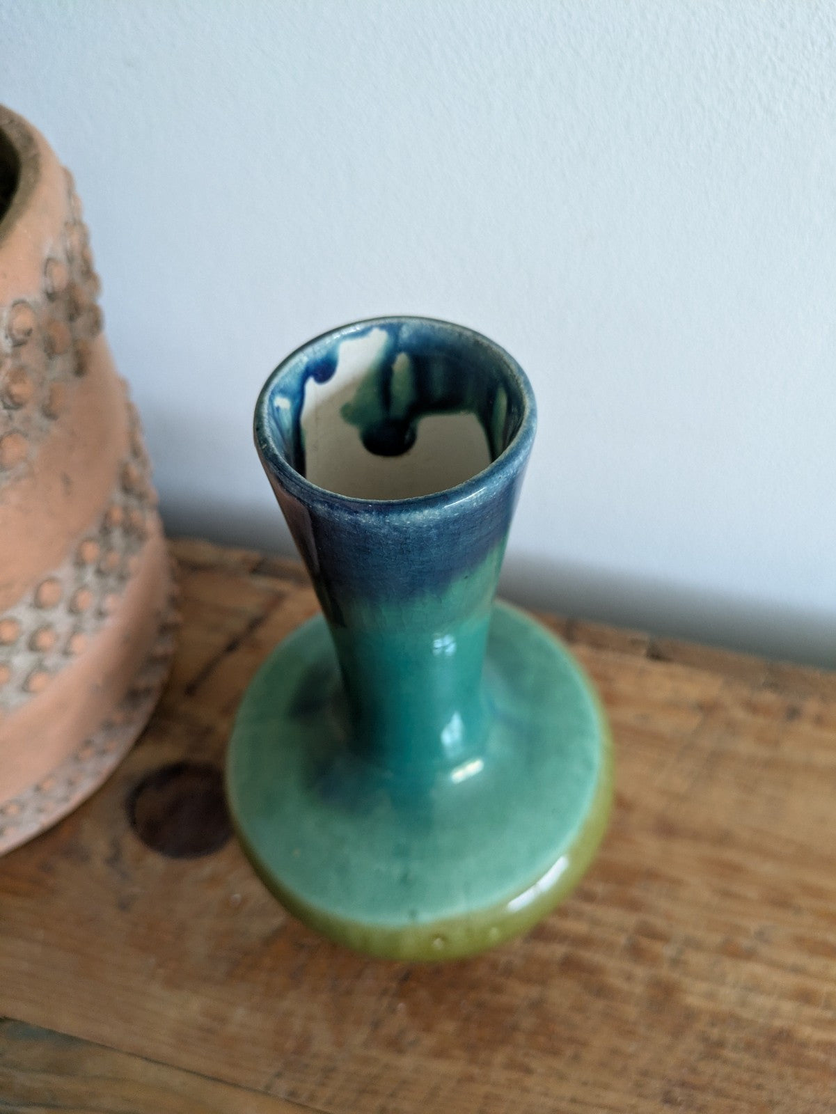 Vintage Rare Wellow Pottery Vase Bud Brown Turquoise Blue Ceramic Multicoloured 