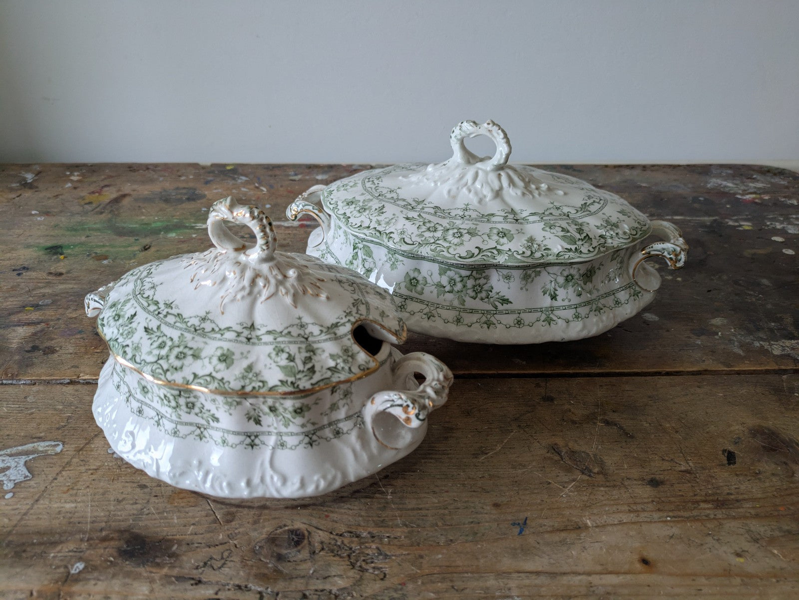 2x Rare Antique S.Hancock & Sons, Warwick Tureen, Lid, Green Floral Serving Prop