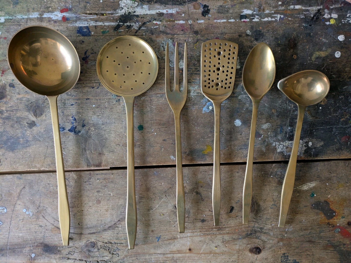 6x Vintage 1950s Heavy Solid Brass Kitchen Utensil Set Ladle Spoon Sieve Fork 