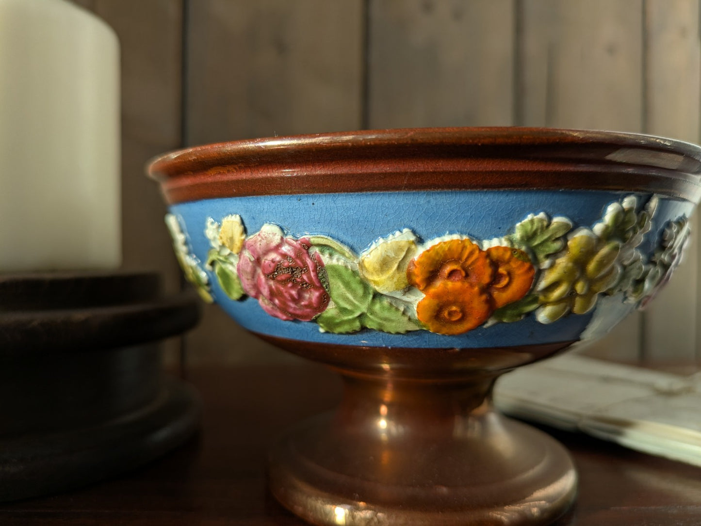 Antique 19th century Copper Luster Pedestal Bowl Dish Painted Flowers Art Deco