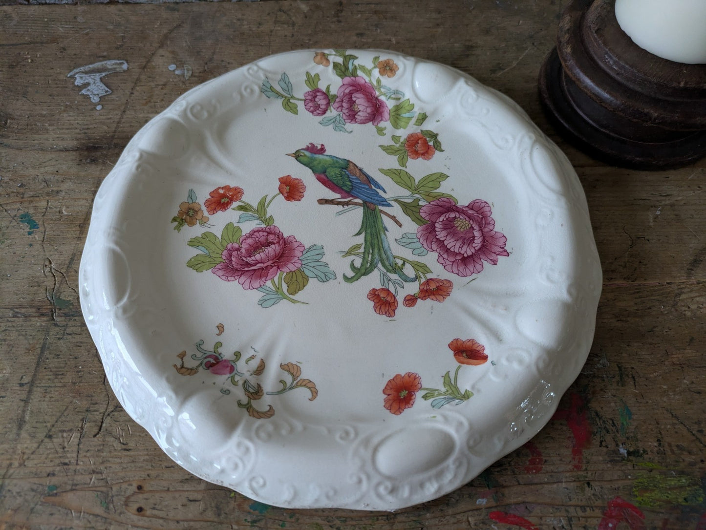 Antique Victorian Ironstone Bread Platter Bird Of Paradise Floral Cake Plate Old