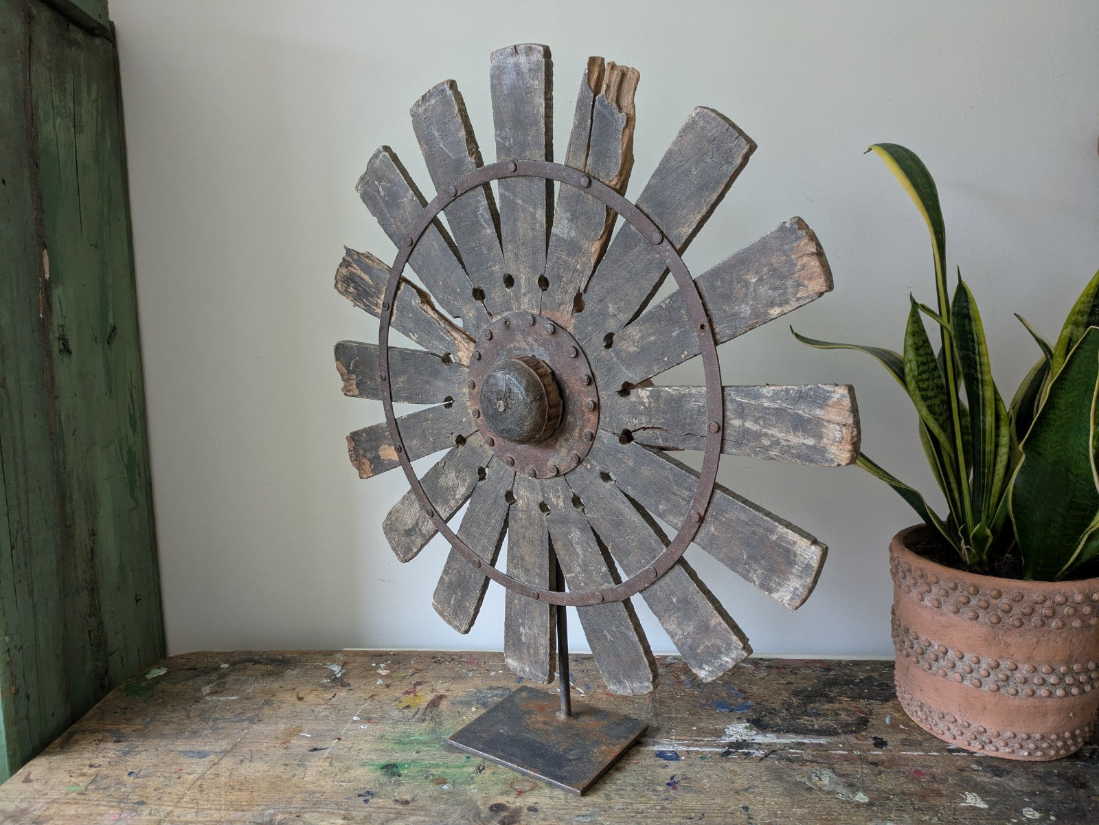 Vintage Rustic Antique Indian Silk Spinning Charkha Wheel Sculpture on Stand Vgc