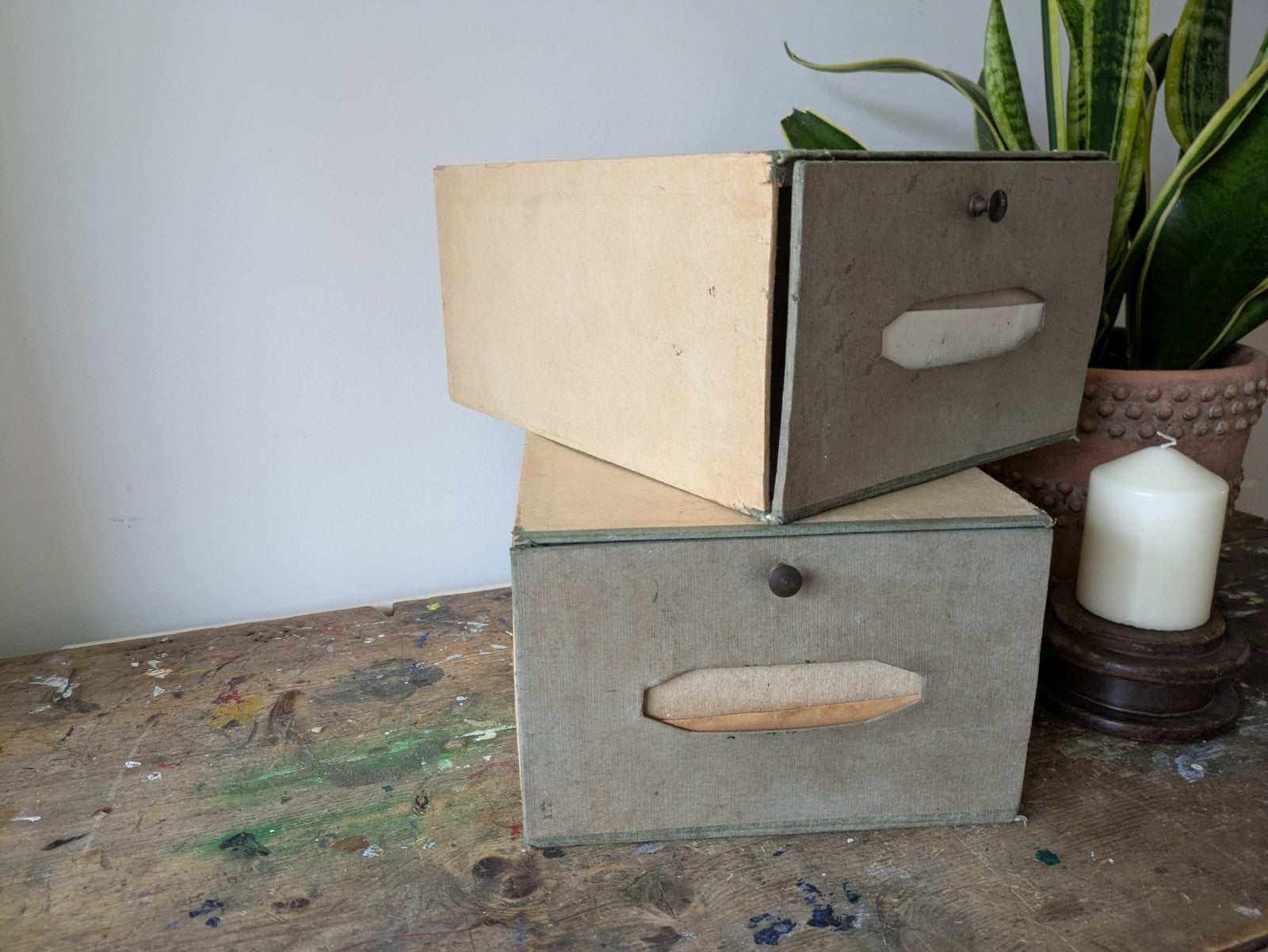 2 Vintage French File Cabinet Drawer Cardboard Storage Box Organizer Notary Mail