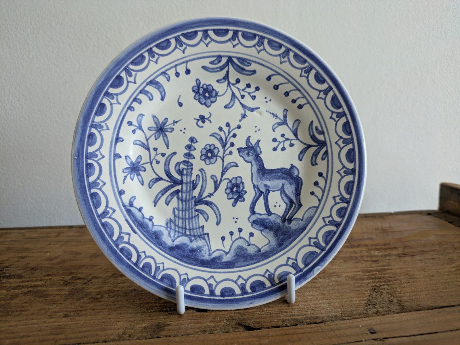 Vintage hand painted Blue and White deer birds Plate Portugal Delft Style Flabal