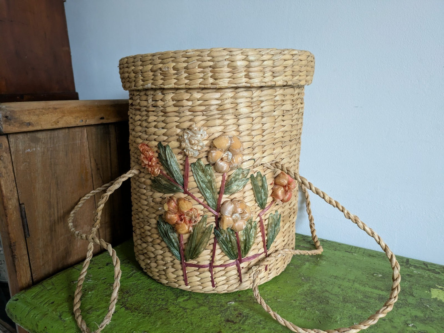 Handmade Woven Basket Bag Fruit Flowers Village Straw Raffia Vtg 50s Storage Old