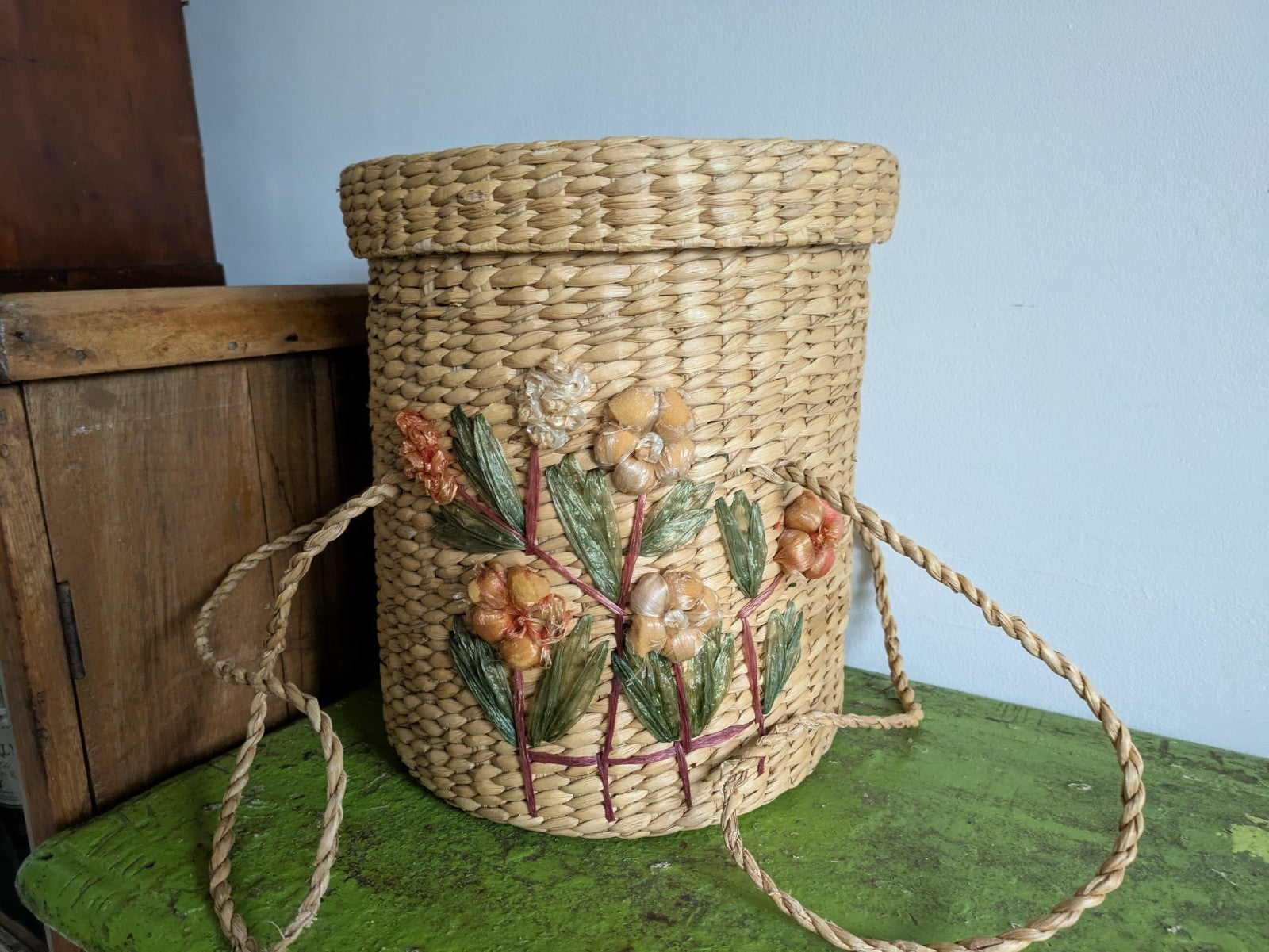 Handmade Woven Basket Bag Fruit Flowers Village Straw Raffia Vtg 50s Storage Old