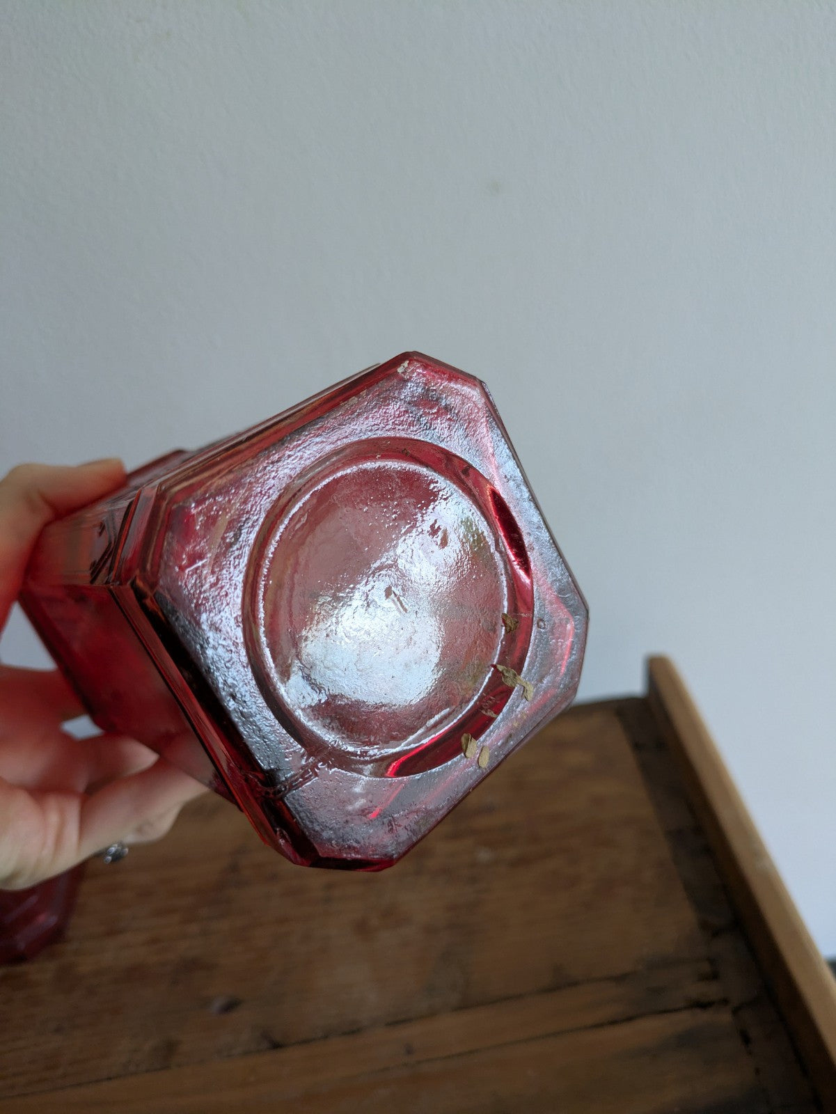 2x Ruby Red Embossed Glass Bottles 30cm Tall Pair Bar Mancave Boho Hippy VTG Old
