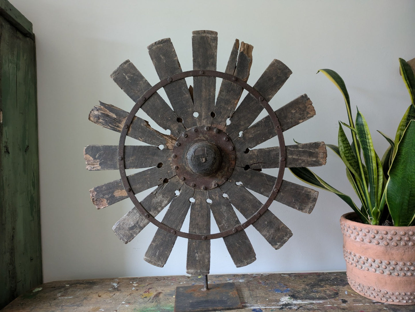 Vintage Rustic Antique Indian Silk Spinning Charkha Wheel Sculpture on Stand Vgc