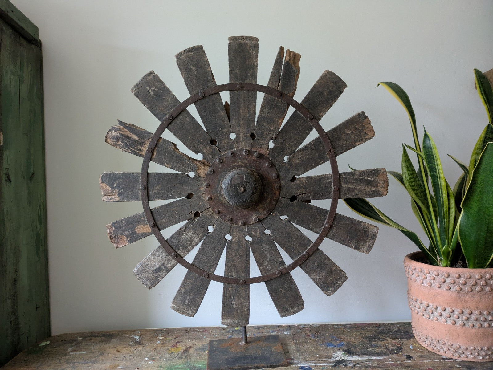 Vintage Rustic Antique Indian Silk Spinning Charkha Wheel Sculpture on Stand Vgc