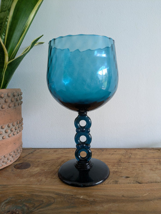 ITALIAN EMPOLI GLASS TEAL GREEN GOBLET HOLDER 3 RING STEM OPTICAL ART BOWL VTG