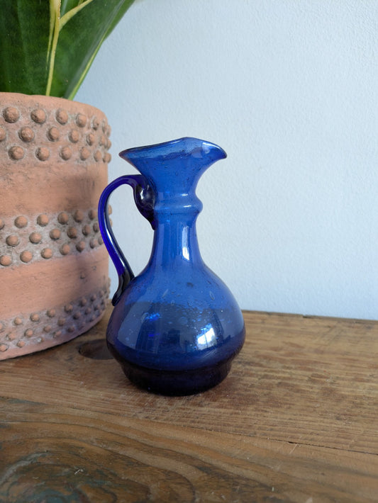 Vtg Cobalt Blue Blown Glass Pitcher Vase Cruet Applied Handle Bubble Retro Jug