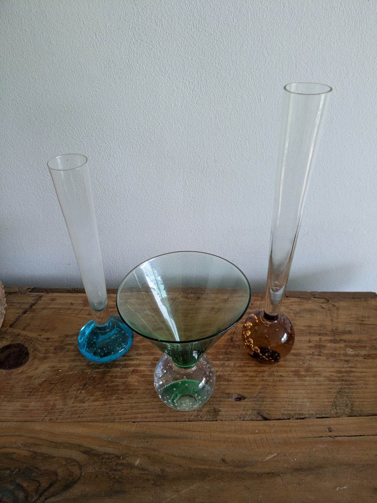 3x Bubble Base Bullicante Martini Glasses Green Orange Blue Retro VTG Bud Vase