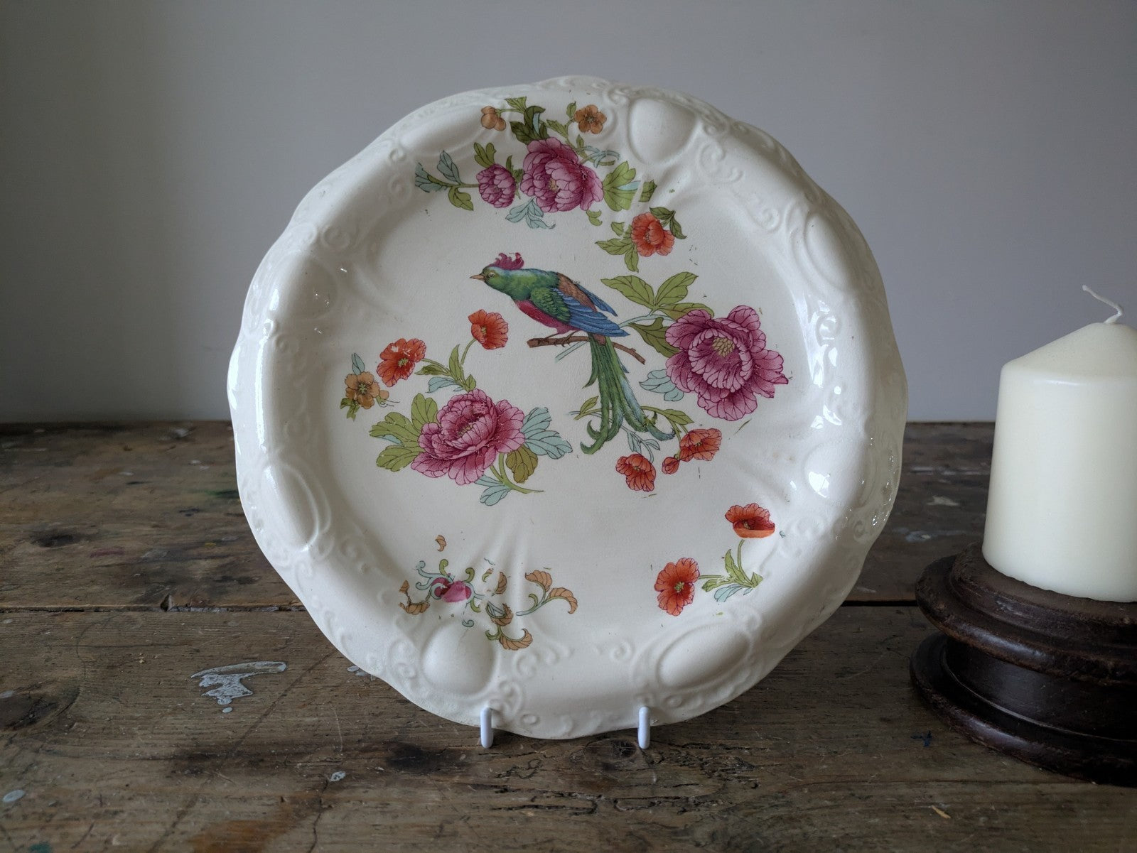 Antique Victorian Ironstone Bread Platter Bird Of Paradise Floral Cake Plate Old