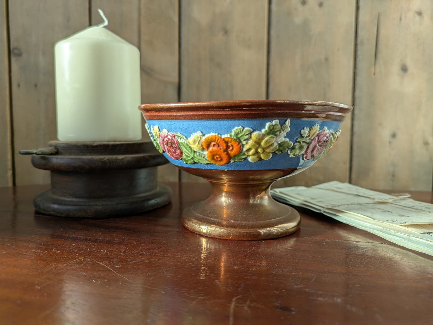 Antique 19th century Copper Luster Pedestal Bowl Dish Painted Flowers Art Deco