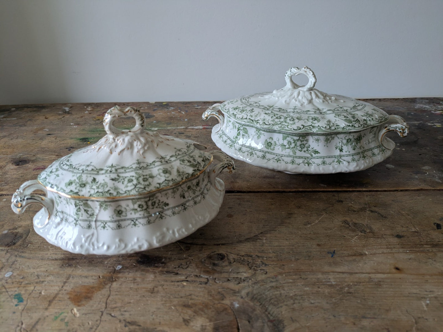 2x Rare Antique S.Hancock & Sons, Warwick Tureen, Lid, Green Floral Serving Prop