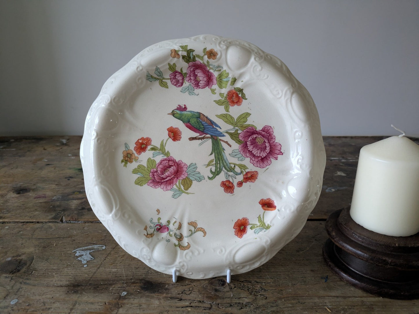Antique Victorian Ironstone Bread Platter Bird Of Paradise Floral Cake Plate Old