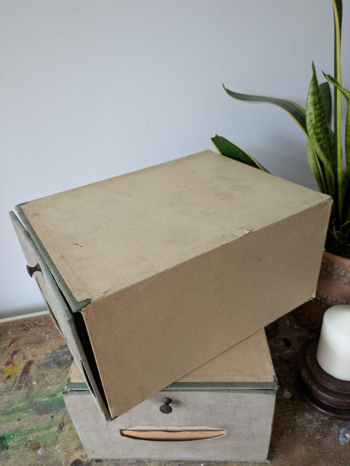 2 Vintage French File Cabinet Drawer Cardboard Storage Box Organizer Notary Mail
