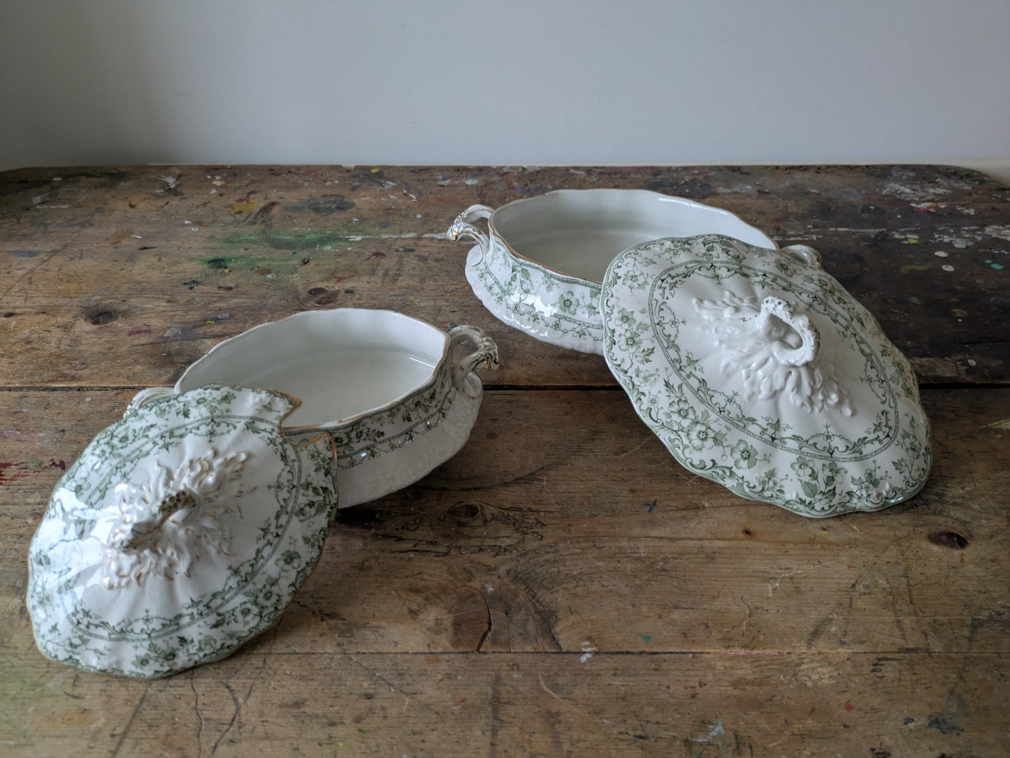 2x Rare Antique S.Hancock & Sons, Warwick Tureen, Lid, Green Floral Serving Prop