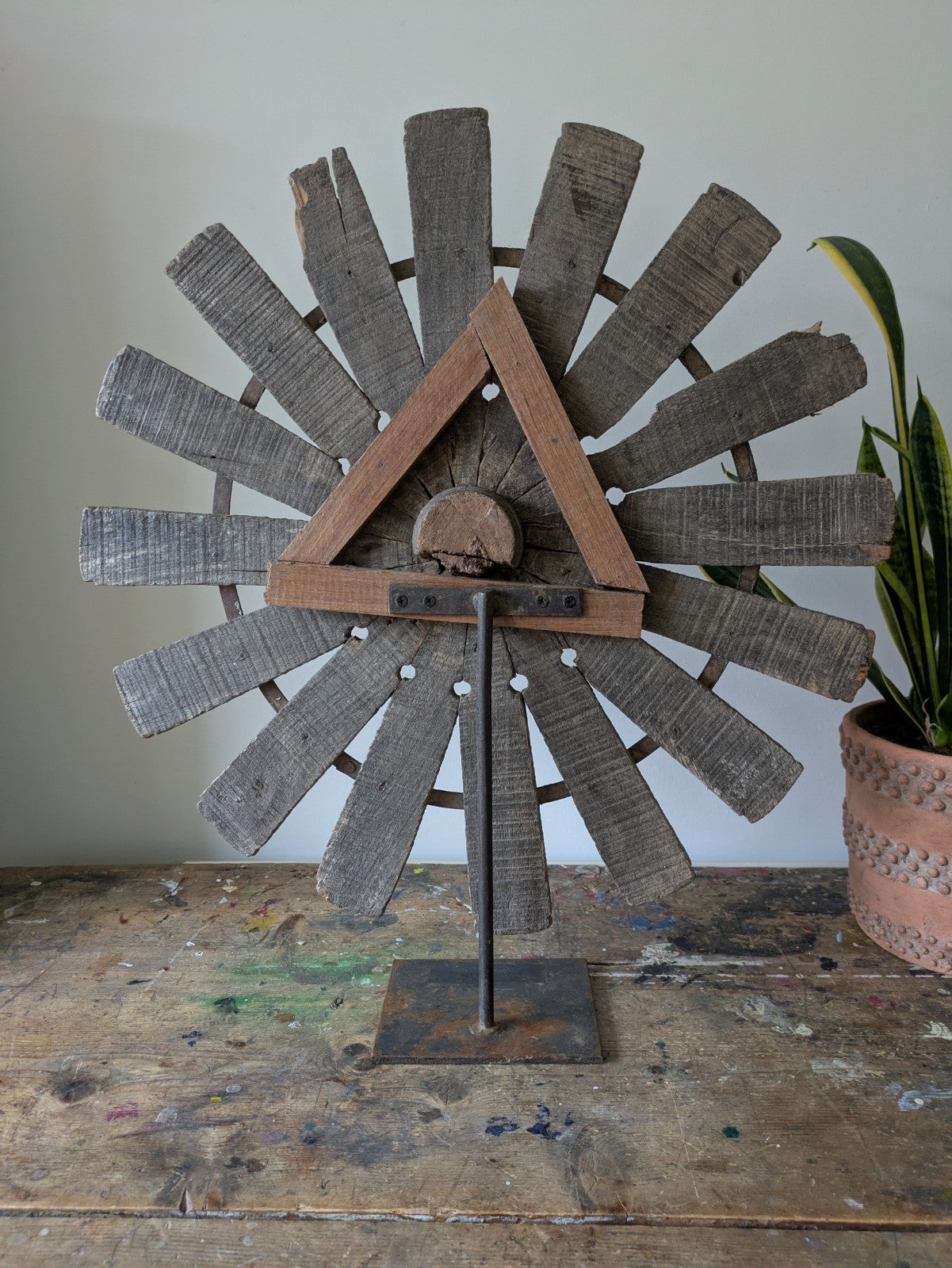 Vintage Rustic Antique Indian Silk Spinning Charkha Wheel Sculpture on Stand Vgc