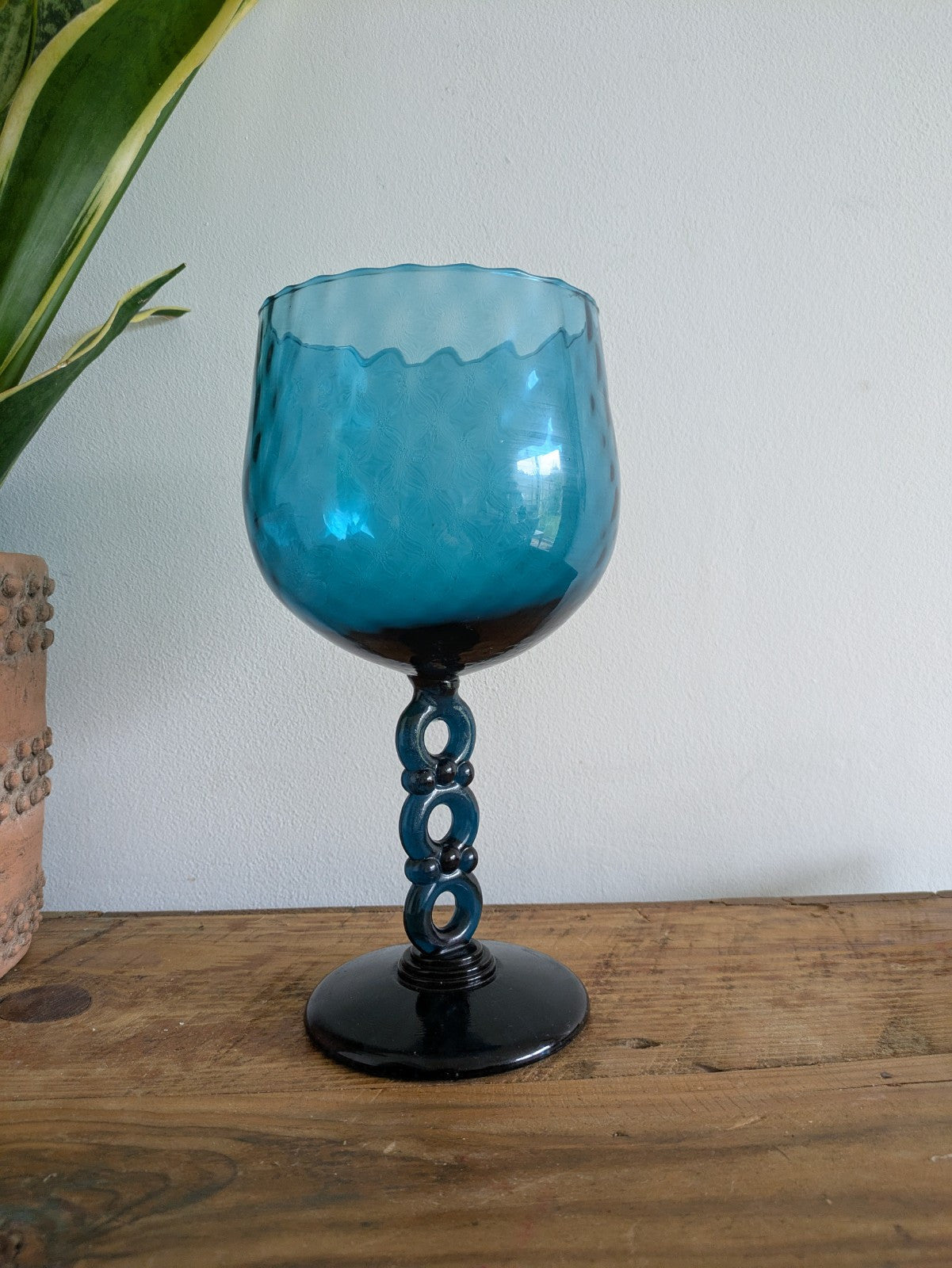 ITALIAN EMPOLI GLASS TEAL GREEN GOBLET HOLDER 3 RING STEM OPTICAL ART BOWL VTG