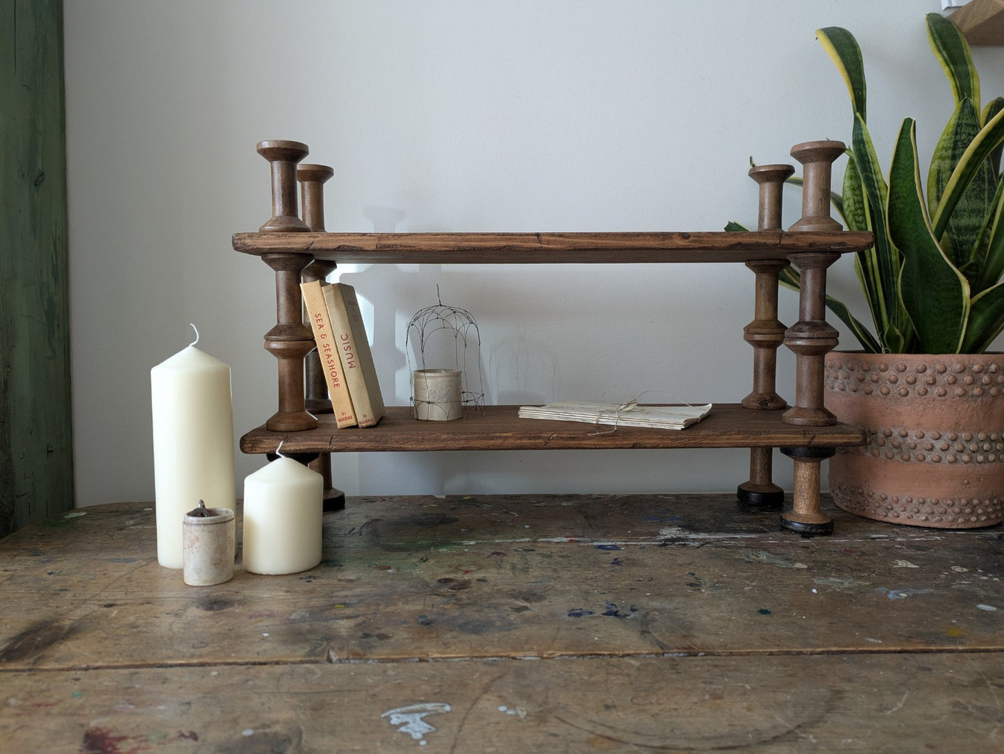 Antique Indian Reclaimed Vintage Folk Art Bobbin Spool Shelf Shelves Handmade