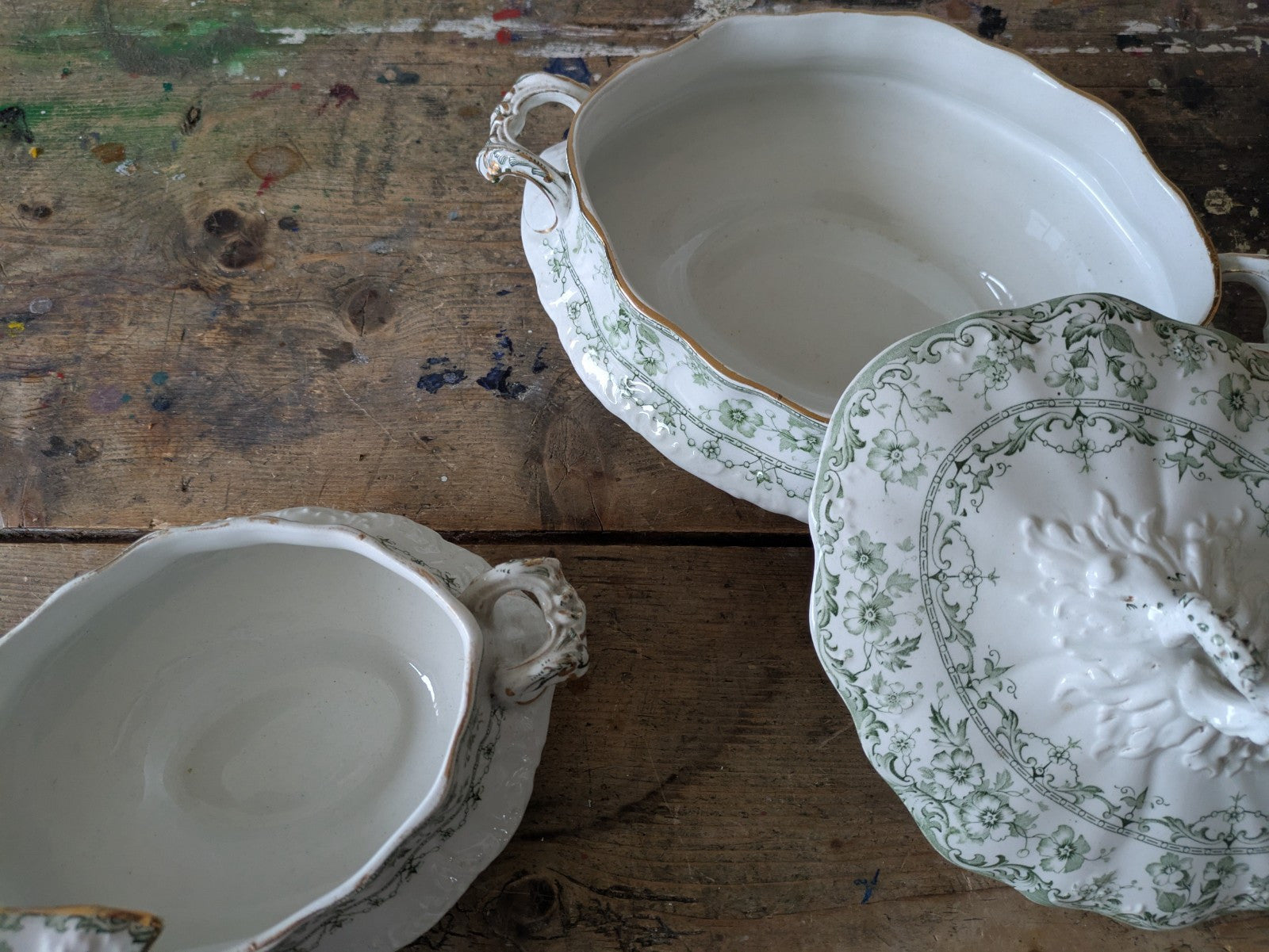 2x Rare Antique S.Hancock & Sons, Warwick Tureen, Lid, Green Floral Serving Prop