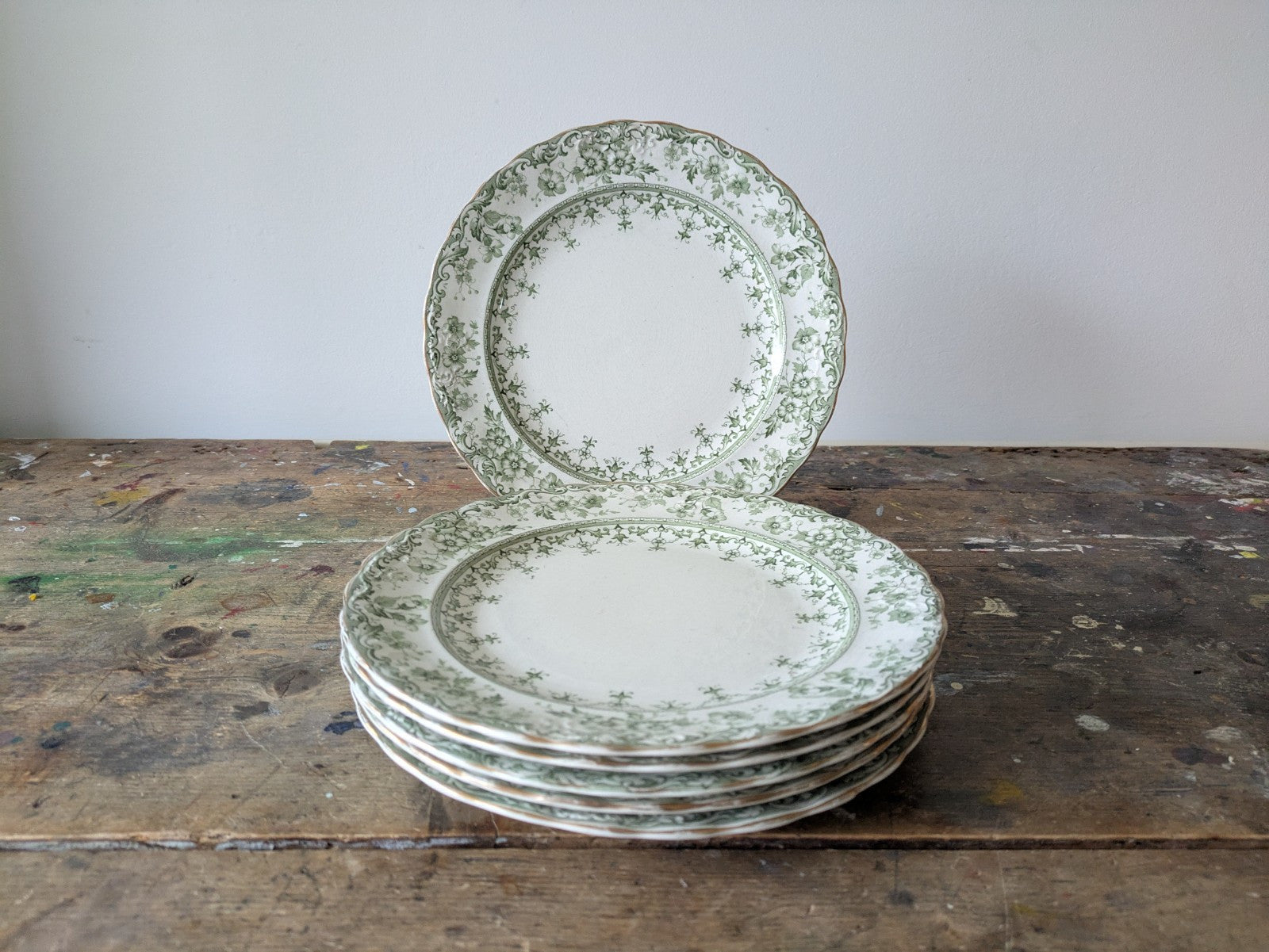 6 Rare Antique S.Hancock & Sons Warwick Dessert Plates Green Floral Serving Prop