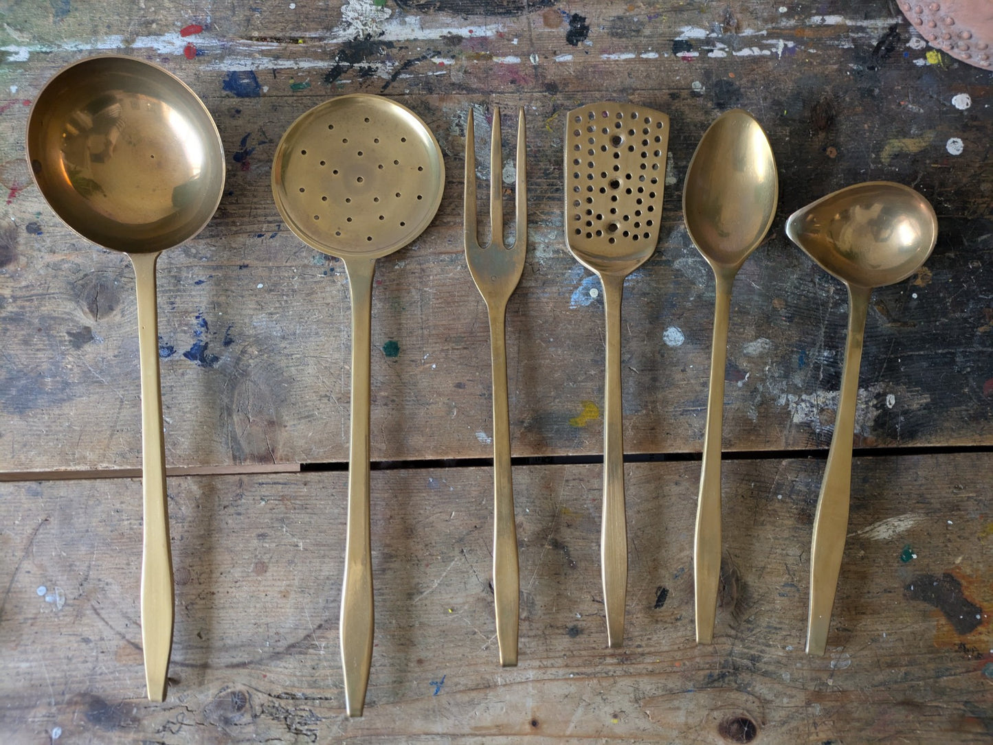 6x Vintage 1950s Heavy Solid Brass Kitchen Utensil Set Ladle Spoon Sieve Fork 