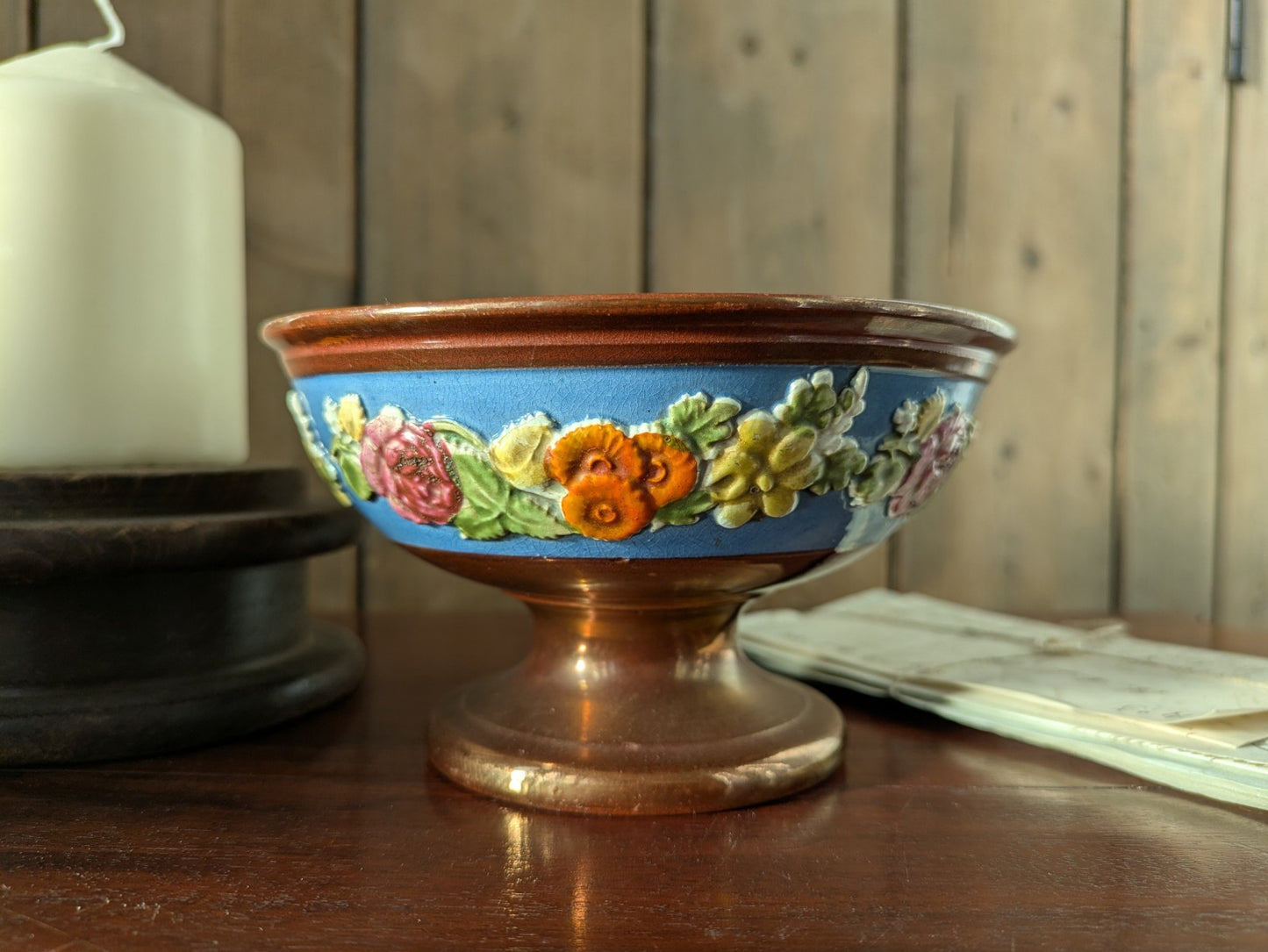 Antique 19th century Copper Luster Pedestal Bowl Dish Painted Flowers Art Deco