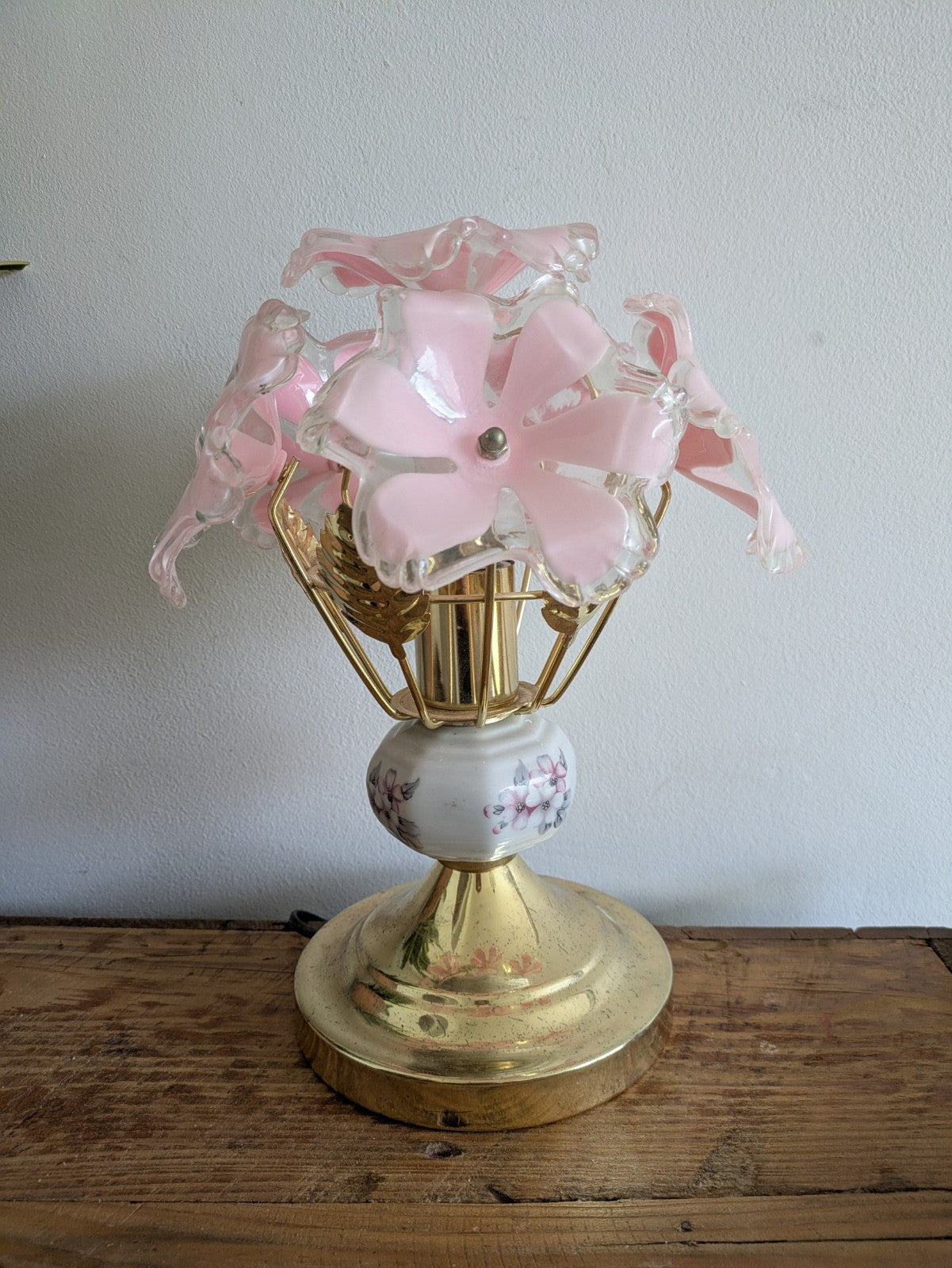 VTG Retro Sputnik Pink Six Flower Head Touch Me Light Bedside Lamp Brass Effect