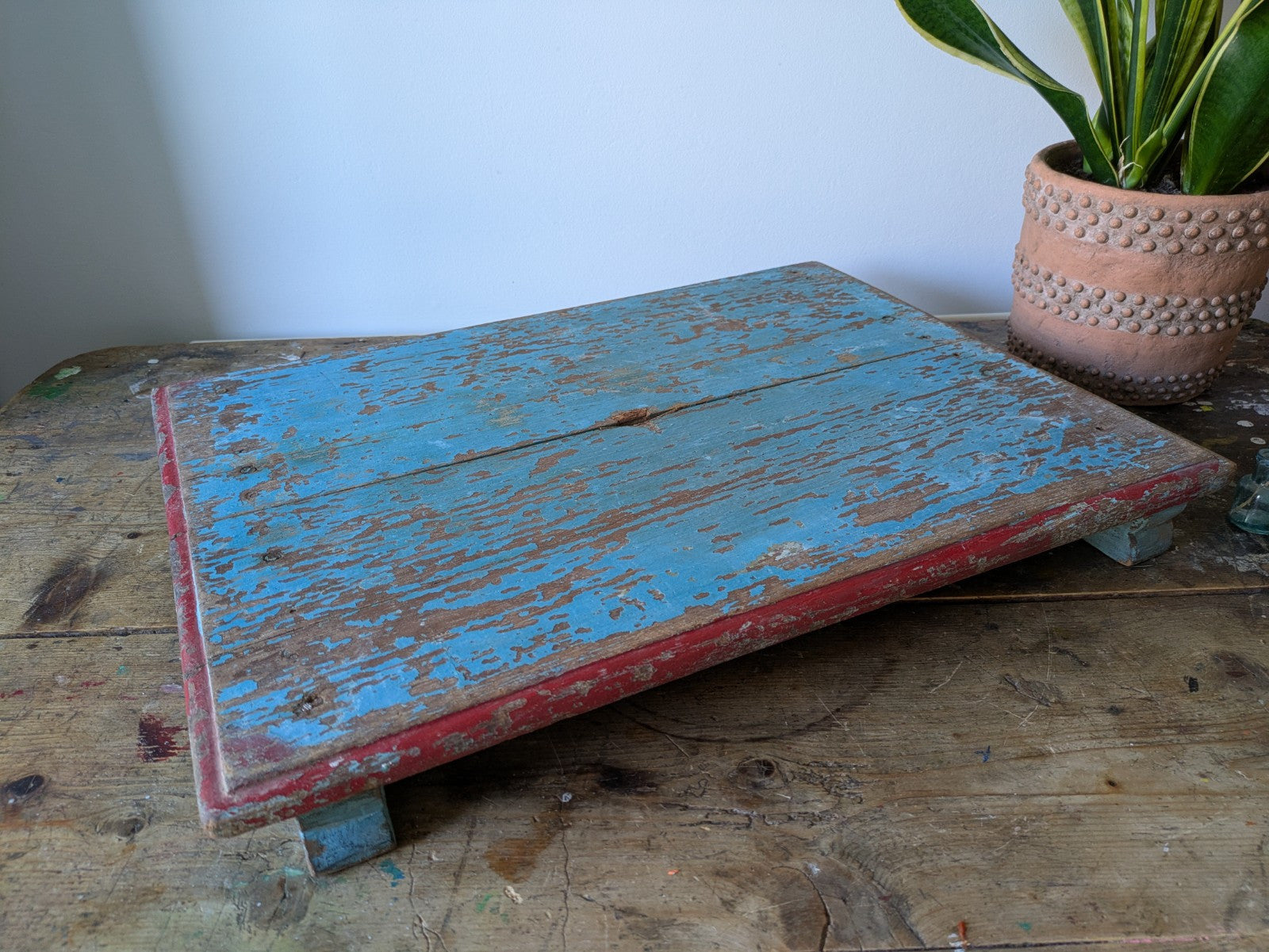 Antique Wooden Bajot Floor Sitting Stool Blue Old Hand Crafted Serving Board Vtg