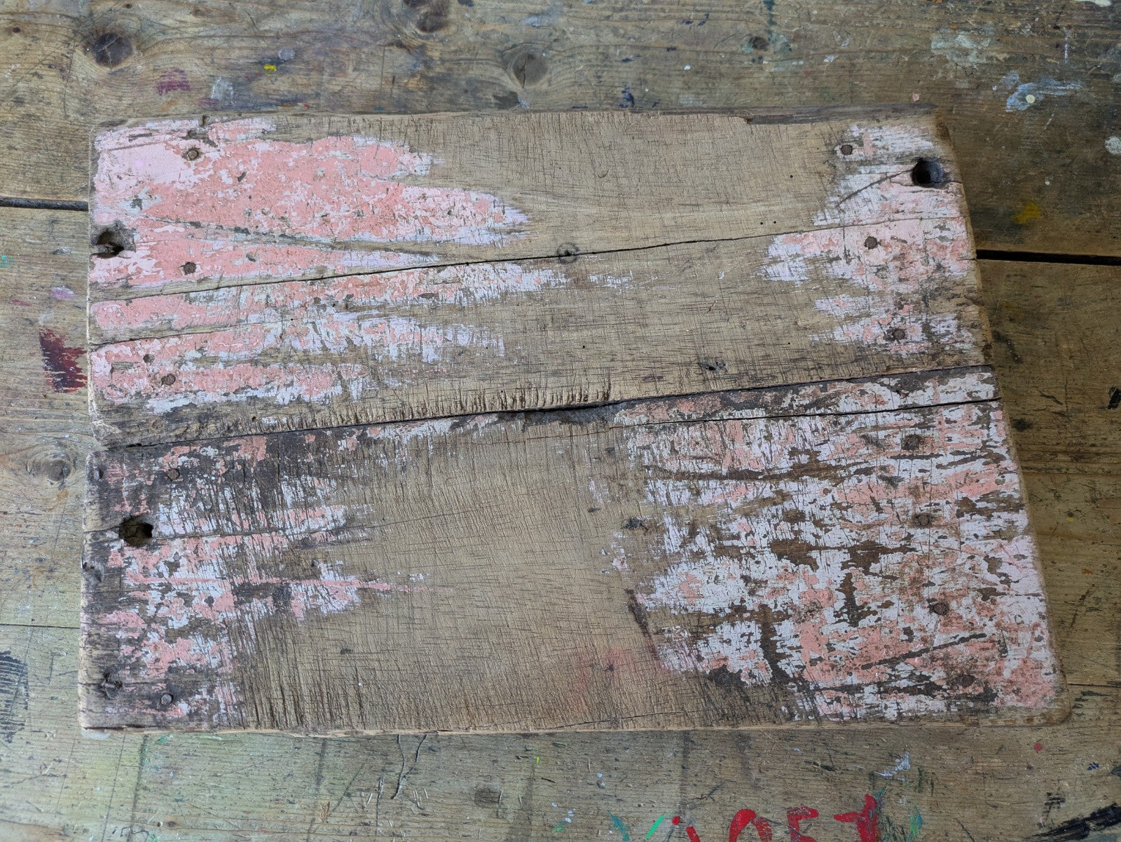 Antique Wooden Bajot Floor Sitting Stool Pink Old Hand Crafted Serving Board Vtg